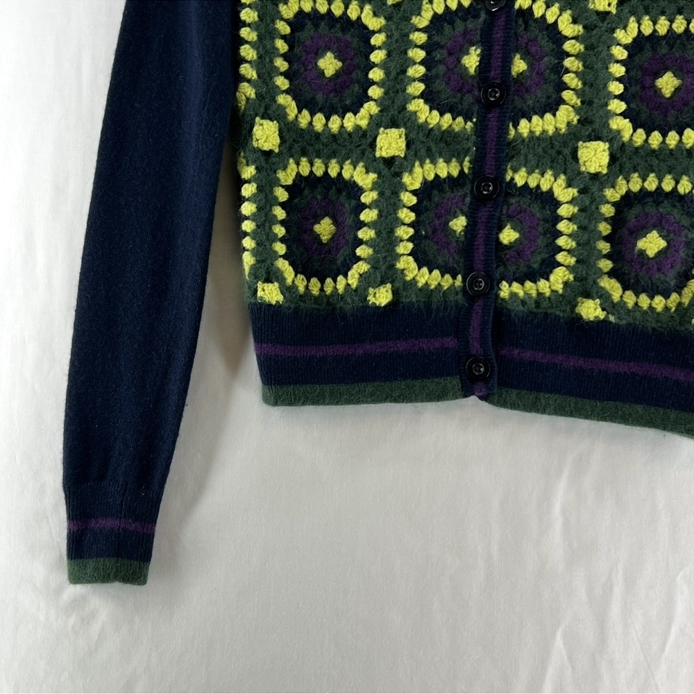 Juicy Couture Sweater Womens XS Crochet Granny Square Cardigan Retro Navy Green - Picture 2 of 12
